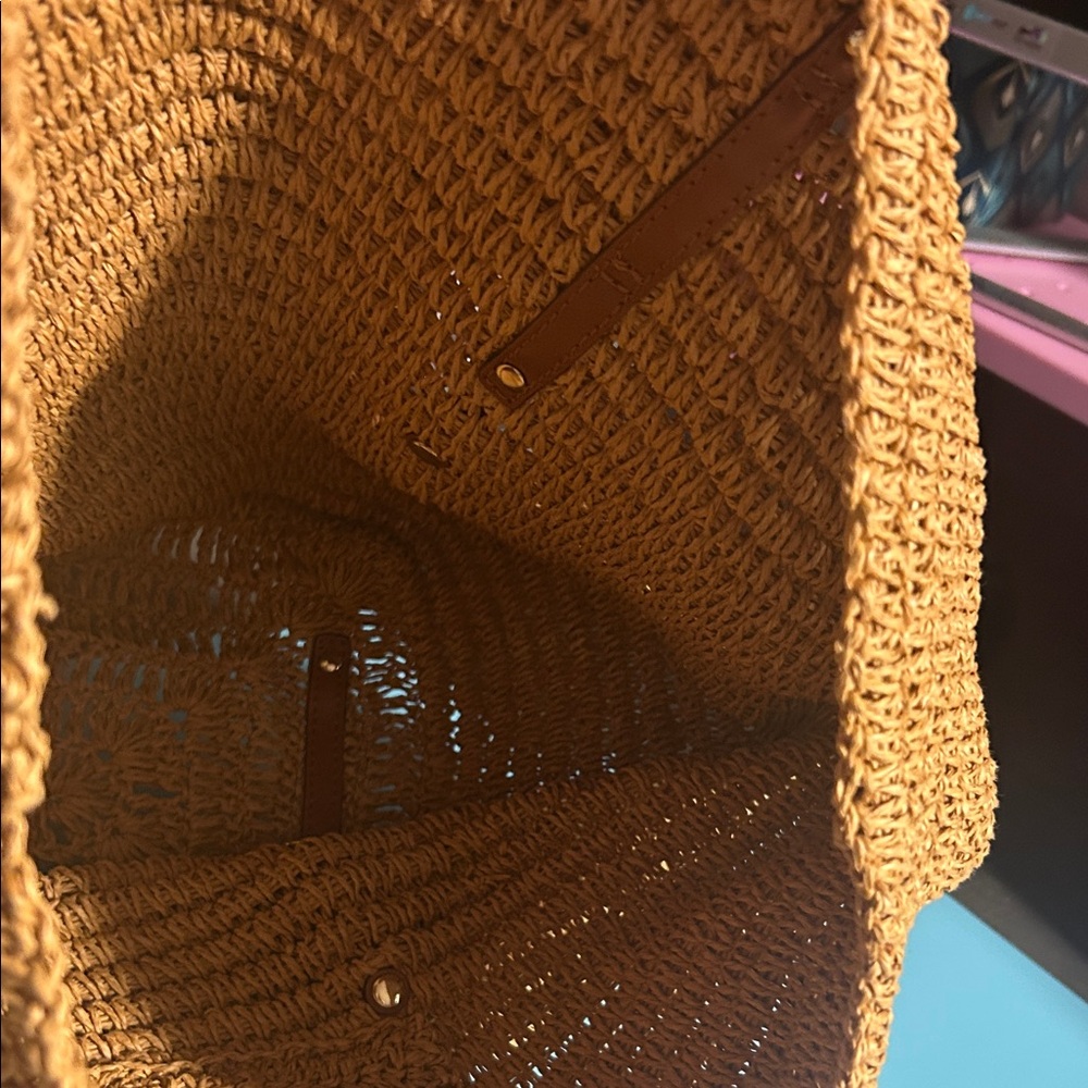 Michael‎ Kors Natural Raffia Woven Tote Leather Detail - Picture 3 of 6